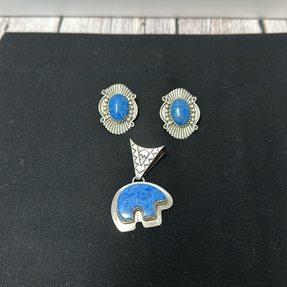 Beautiful Lazurite and Sterling Silver Bear Pendant Set